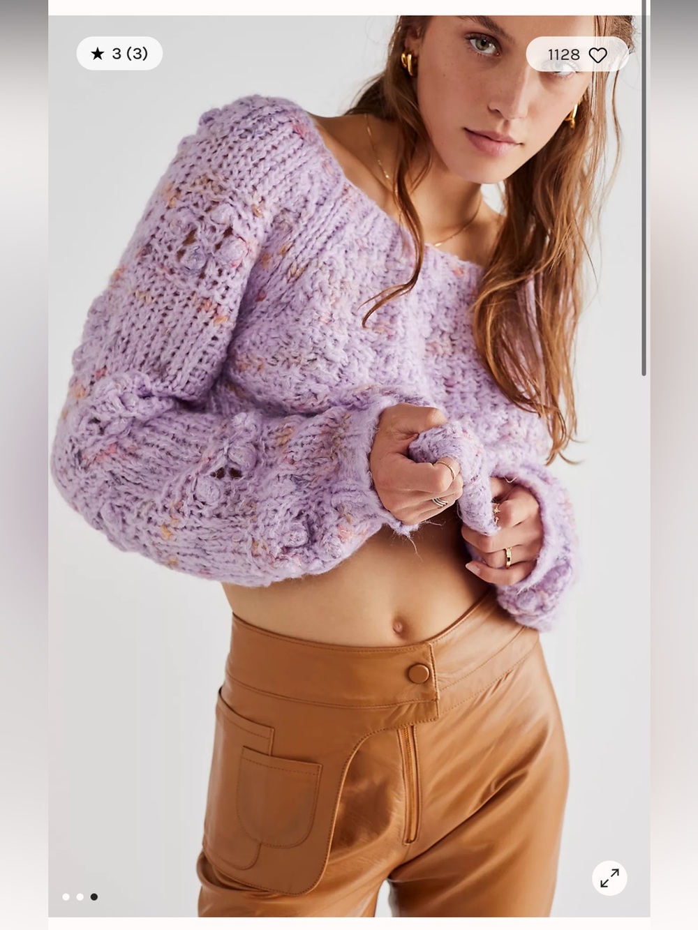Free People Lavender Flecked Open-Stitch Cropped Crewneck Sweater